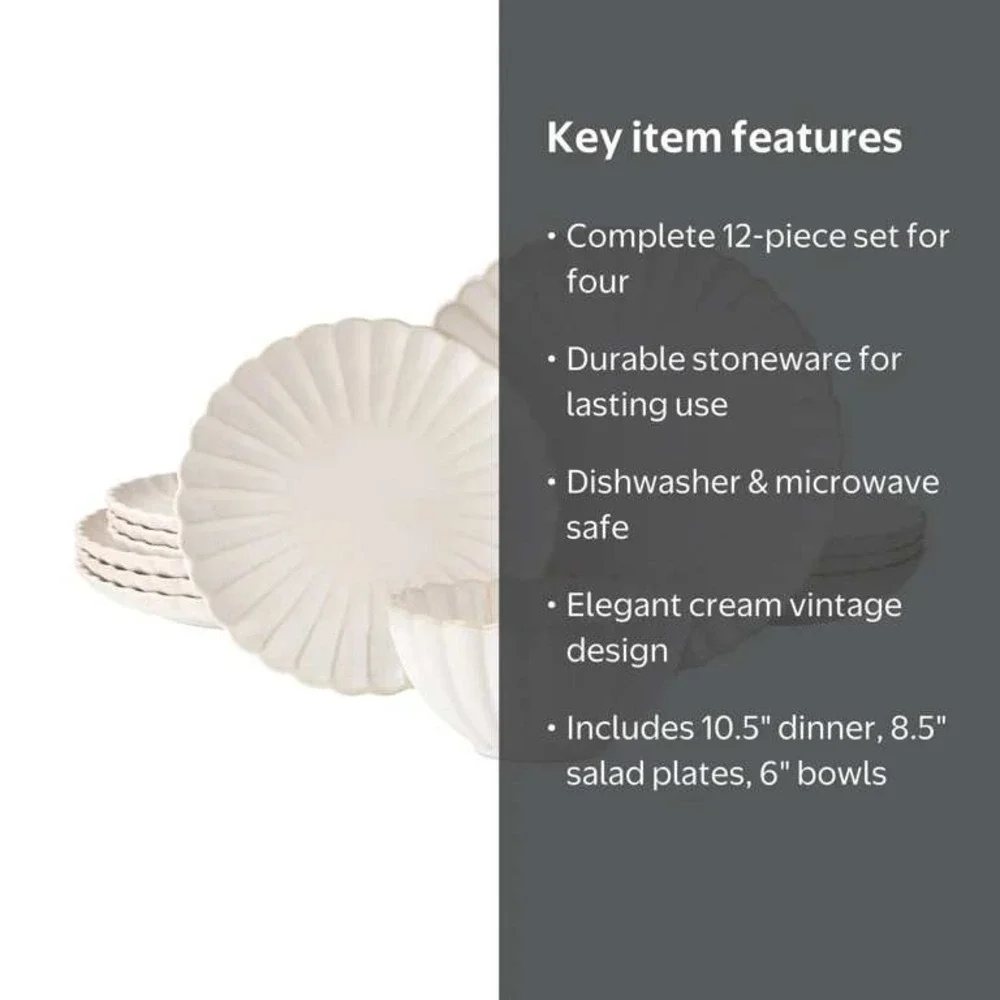 The Pioneer Woman 12-Piece Stoneware Dinnerware Set Cream